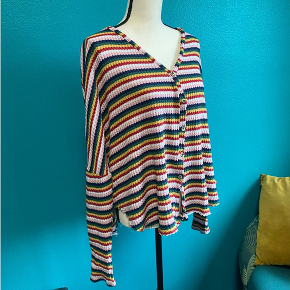 Blu-Pepper Striped Waffle Knit Button Up Cardigan Women's Large - Picture 2 of 10